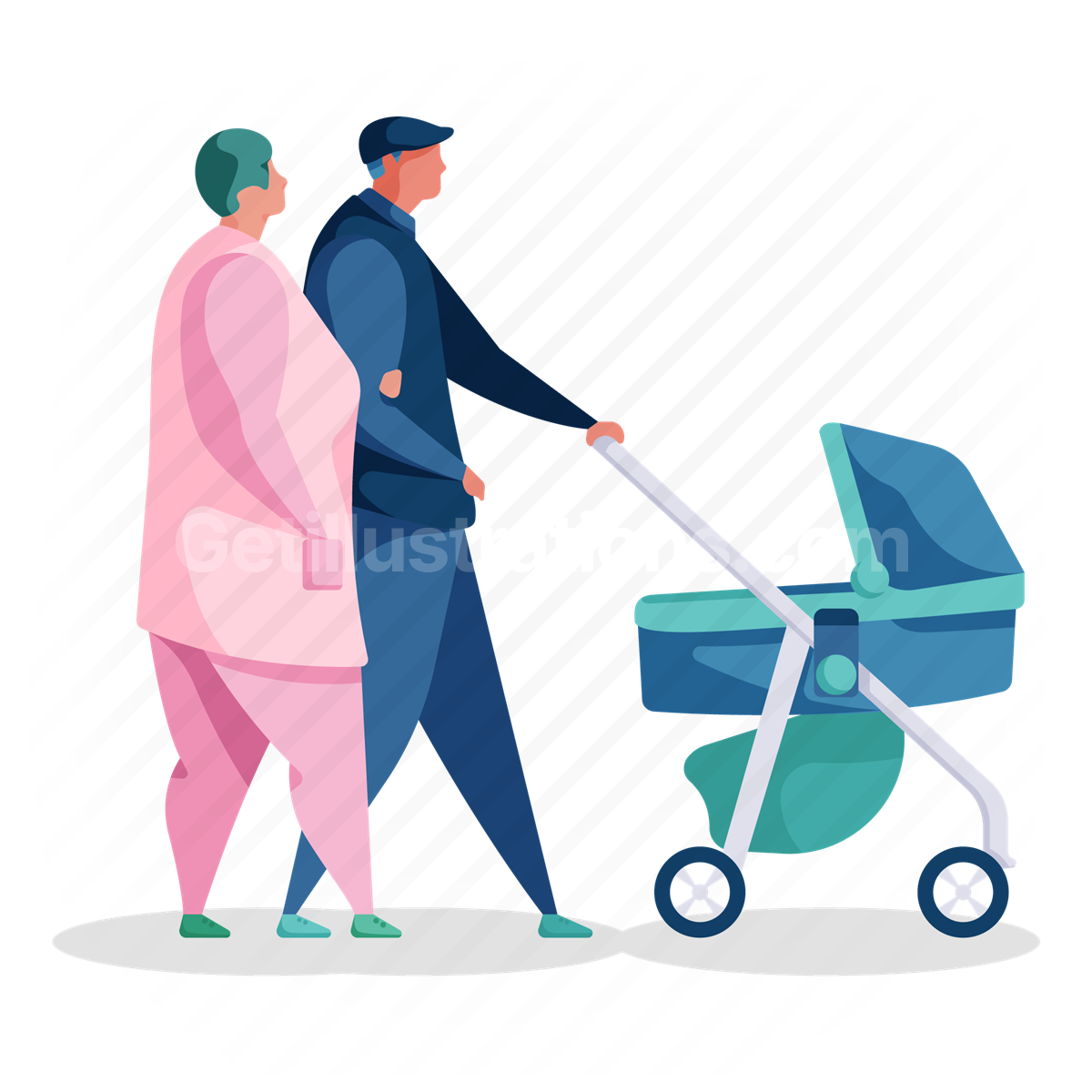 couple, father, mother, stroller, child